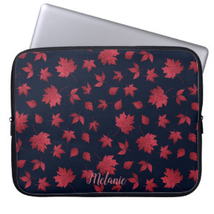 Elegant Red Autumn Leaves on Black Personalised Laptop Sleeve