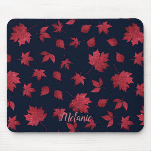 Elegant Red Autumn Leaves on Black Personalised Mouse Pad