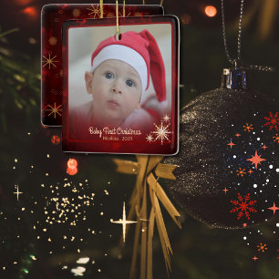 Elegant Red Baby First Photo Christmas  Ceramic Ornament
