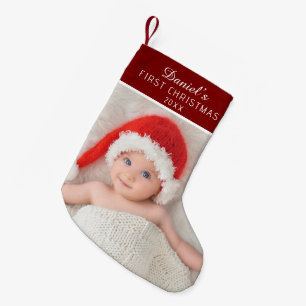 Elegant Red Baby Photo Custom Name Small Christmas Stocking