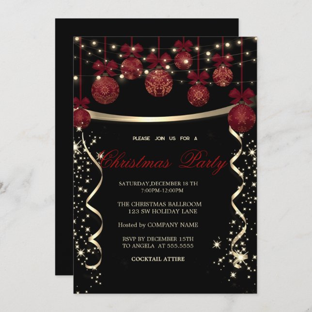Elegant Red Balls,Confetti Company Christmas Party Invitation (Front/Back)