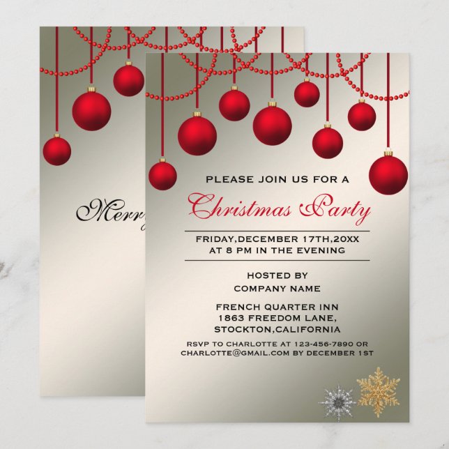 Elegant Red Bauble Corporate Christmas Party Invitation (Front/Back)