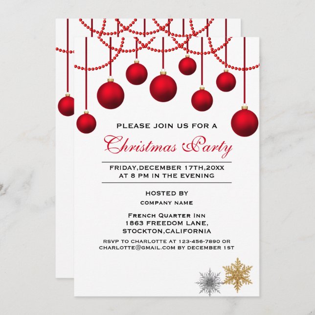 Elegant Red Bauble Corporate Christmas Party Invitation (Front/Back)