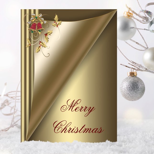 Elegant Red Bells and Gold Holly Christmas Card (Red and gold Christmas card with pretty bells and holly.)