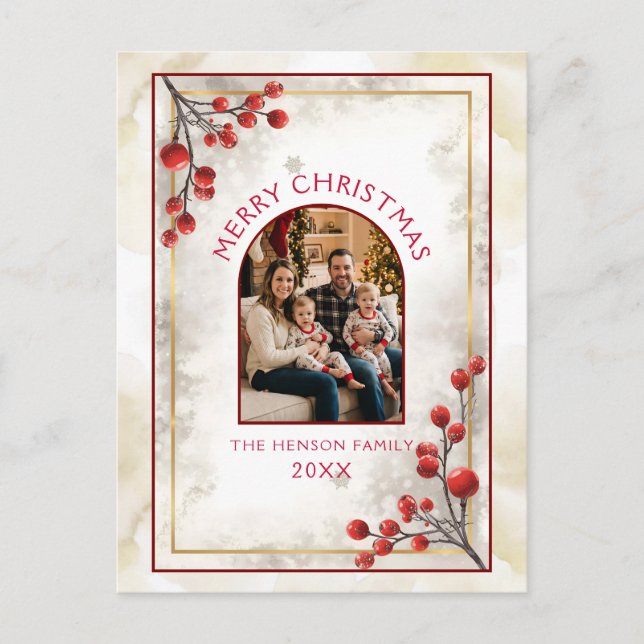 Elegant Red Berries Family Photo Christmas  Holiday Postcard (Front)