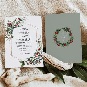 Elegant Red Berries Greenery Christmas Wedding Invitation
