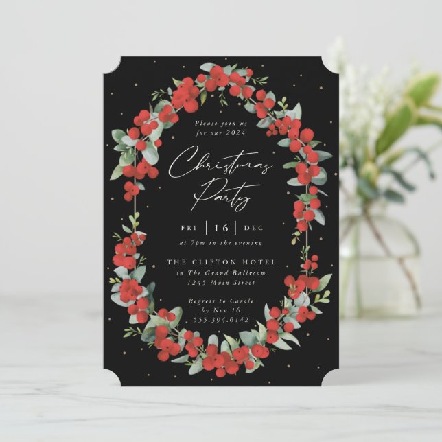 Elegant Red Berry + Eucalyptus Christmas Party Invitation (Standing Front)