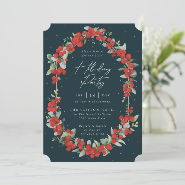 Elegant Red Berry + Eucalyptus Holiday Party Invitation (Standing Front)
