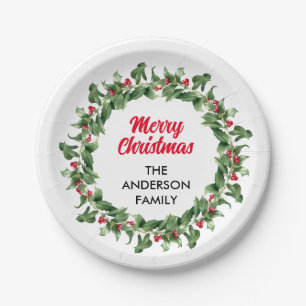 Elegant Red Berry Family Christmas Paper Plate