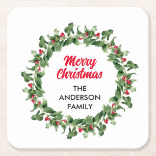Elegant Red Berry Family Christmas Square Paper Coaster