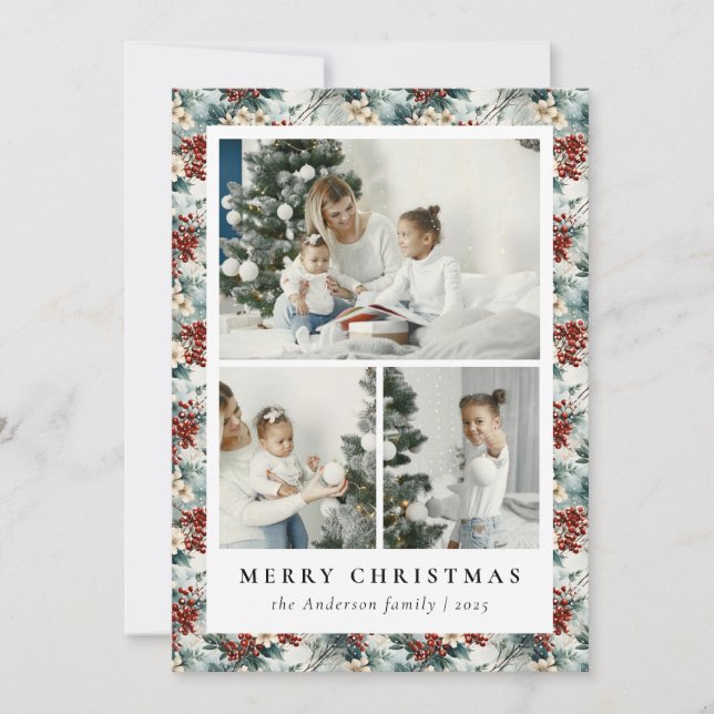 Elegant Red Berry & Floral Botanical Christmas Holiday Card (Front)