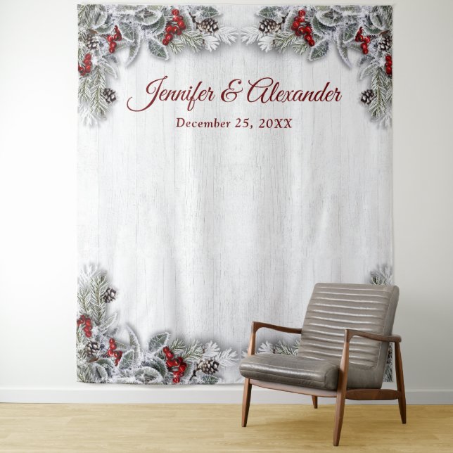 Elegant Red Berry Wedding Photo Booth Backdrop Tapestry (In Situ)