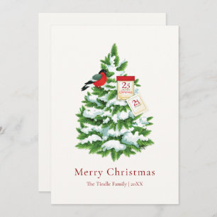 Elegant Red Bird Script Watercolor Christmas Tree Holiday Card