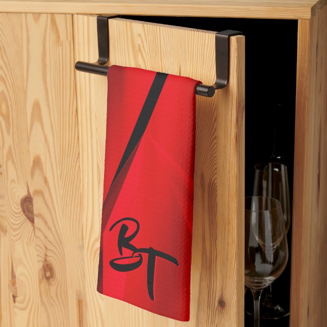 Elegant Red Black Abstract Design Initials Tea Towel (Thirds Fold)