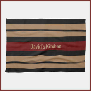 Elegant Red Black and Gold Bold Striped Kitchen Tea Towel