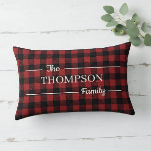 Elegant Red & Black Buffalo Plaid Family Name Lumbar Cushion