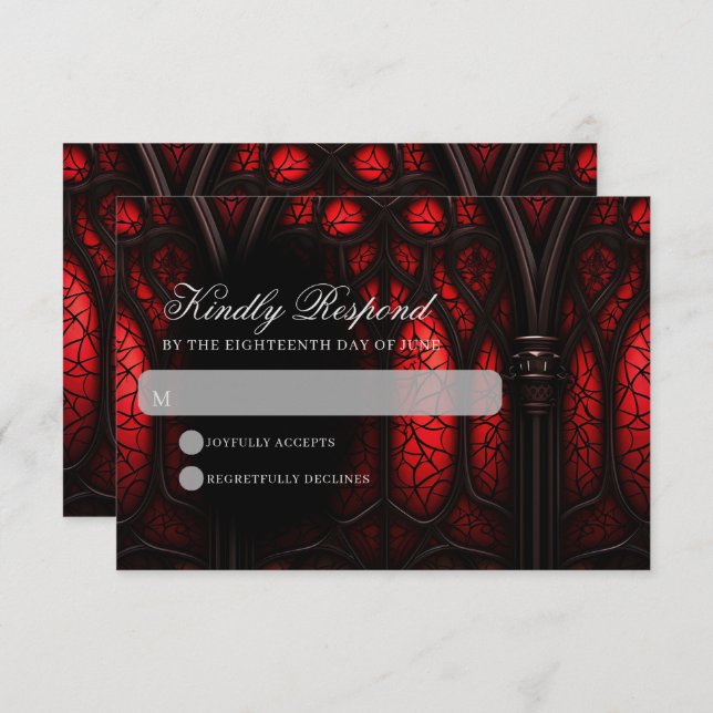 Elegant Red & Black Cathedral Gothic Wedding RSVP Card (Front/Back)
