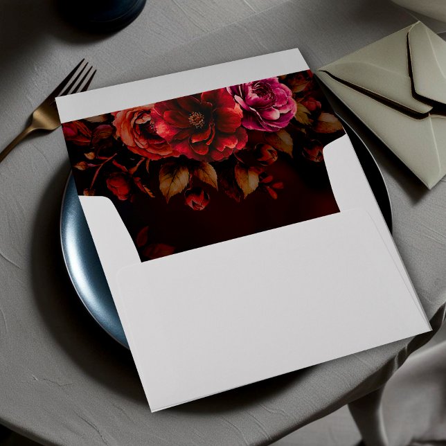 Elegant red black chic moody floral wedding  envelope (Creator Uploaded)