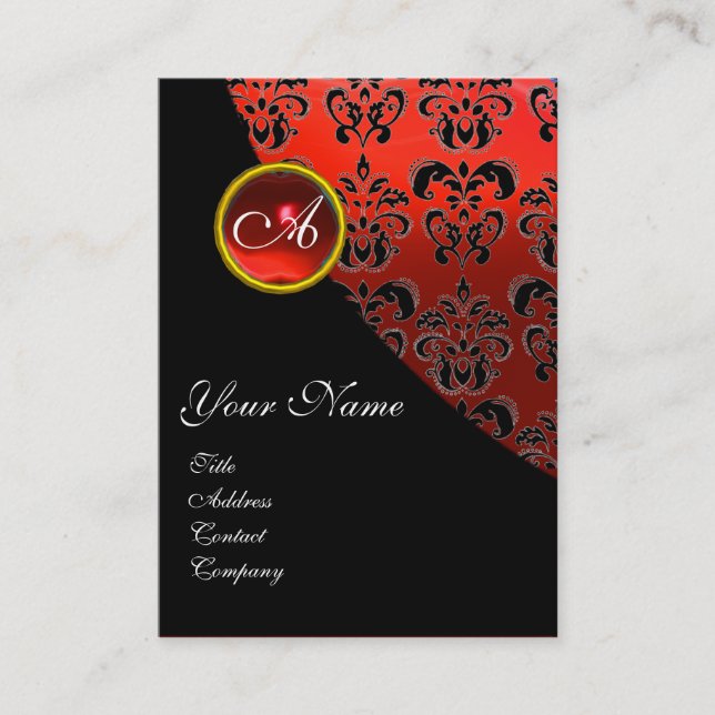 ELEGANT RED BLACK DAMASK RUBY GEMSTONE MONOGRAM, BUSINESS CARD (Front)