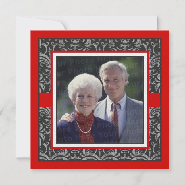 Elegant Red & Black Damask Wedding Anniversary Invitation (Front)