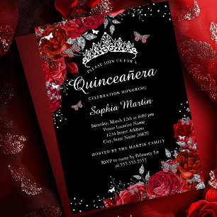 Elegant Red Black Floral Butterfly Quinceanera