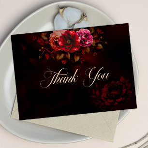 Elegant red black floral gothic Wedding  Thank You Card