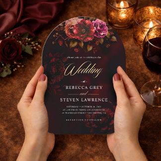 Elegant red black floral wedding arch invitation