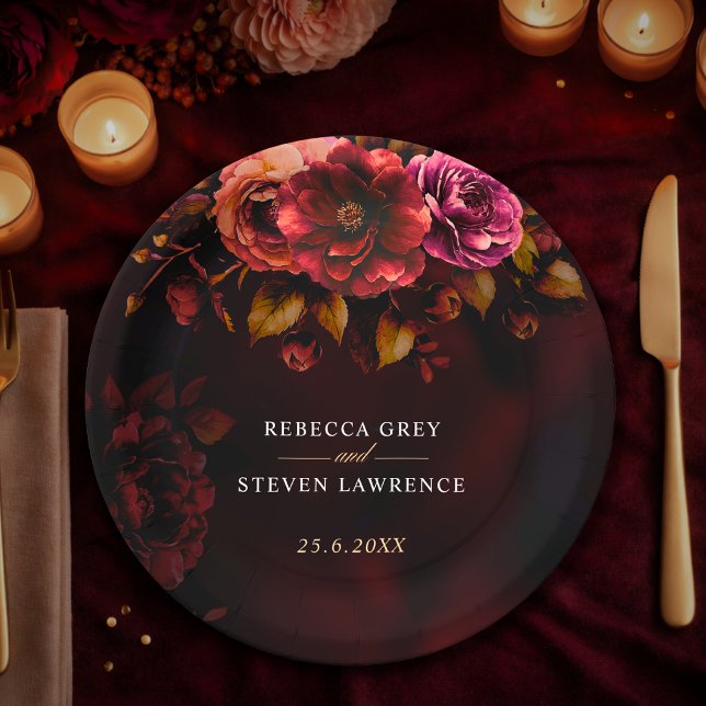 Elegant red black floral Wedding moody romantic  Paper Plate (Creator Uploaded)