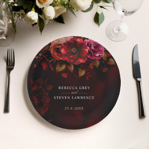 Elegant red black floral Wedding moody romantic Paper Plate