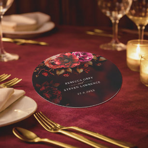 Elegant red black floral Wedding moody romantic  Round Paper Coaster