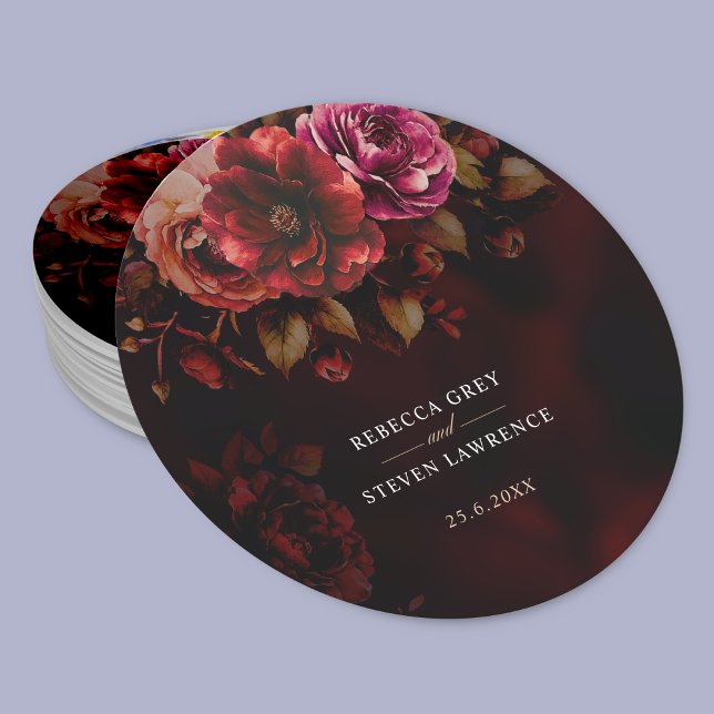 Elegant red black floral Wedding moody romantic  Round Paper Coaster (Creator Uploaded)
