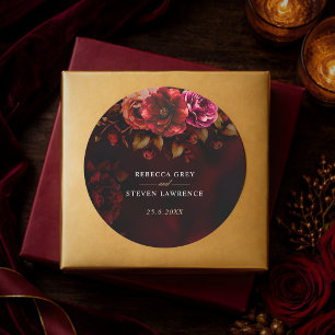 Elegant red black floral Wedding romantic moody Classic Round Sticker