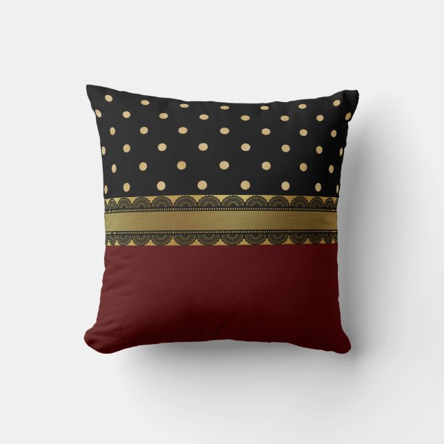 Elegant Red, Black & Gold Filigree Scallop Pattern Cushion (Front)
