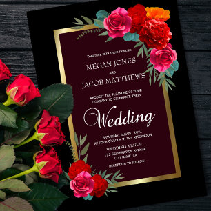 Elegant Red Black Gold Floral Wedding Invitation