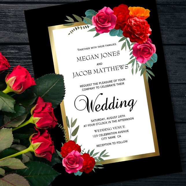 Elegant Red Black Gold Floral Wedding Invitation (Creator Uploaded)