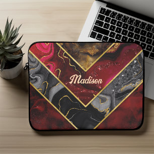 Elegant red black gold girly geometric Laptop Sleeve