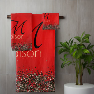 Elegant red black gold glitter monogram Bath Towel Set