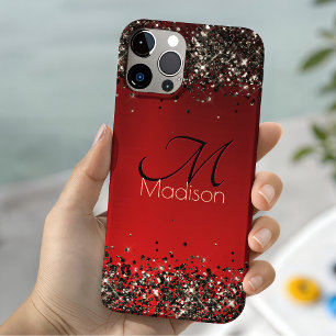 Elegant red black gold glitter monogram iPhone 11 Pro Case