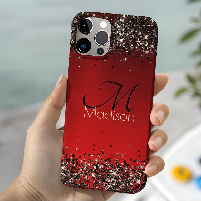  Elegant red black gold glitter monogram Case-Mate iPhone Case (Creator Uploaded)