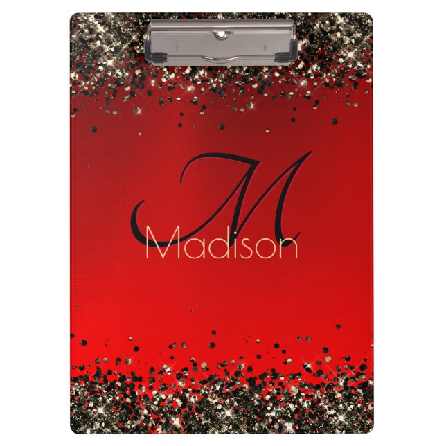  Elegant red black gold glitter monogram Clipboard (Front)