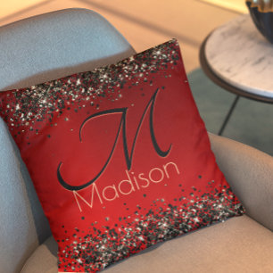 Elegant red black gold glitter monogram Cushion