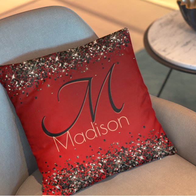  Elegant red black gold glitter monogram Cushion (Creator Uploaded)