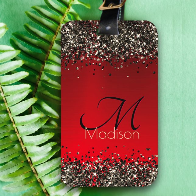  Elegant red black gold glitter monogram Luggage Tag (Creator Uploaded)