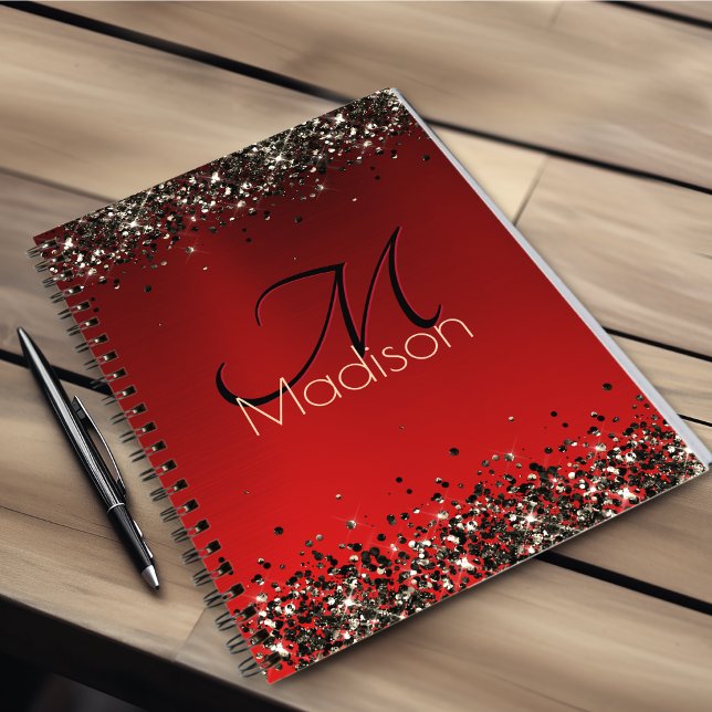  Elegant red black gold glitter monogram Notebook (Creator Uploaded)