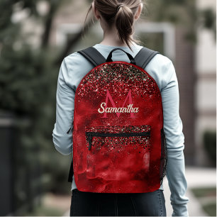 Elegant red black gold glitter monogram printed backpack