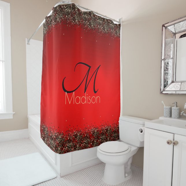  Elegant red black gold glitter monogram Shower Curtain (In Situ)