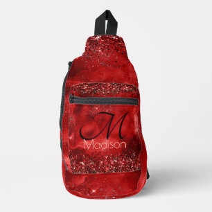 Elegant red black gold glitter monogram sling bag