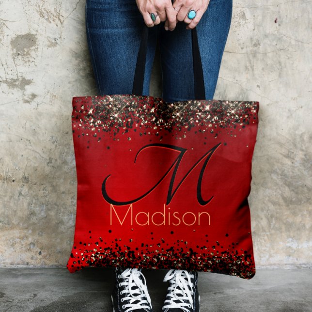  Elegant red black gold glitter monogram Tote Bag (Creator Uploaded)