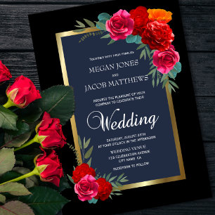 Elegant Red Black Gold Grey Floral Wedding Invitation