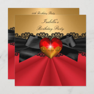 Elegant Red Black Gold Heart Birthday Party Invitation